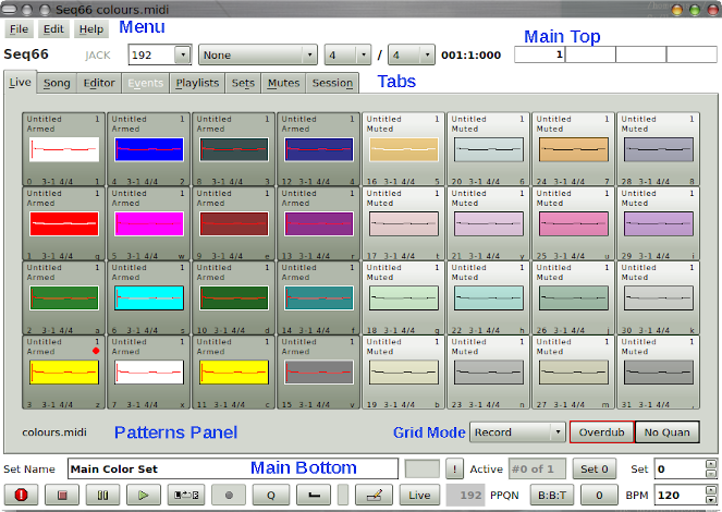 Seq66 main window with Live grid