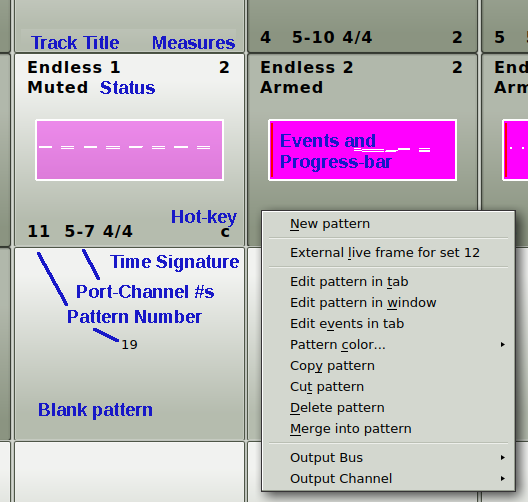 Seq66 pattern slots in the Live grid