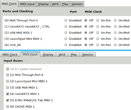 Seq66 preferences showing clocks/ports